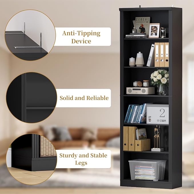 Thacuok Black Bookshelf, 75" Tall Bookcase, 6 Tier Adjustable Storage Shelves, Book Shelf with Anti-Tipping Device, Floor Standing Modern Display Rack for Living Room, Bedroom, Office