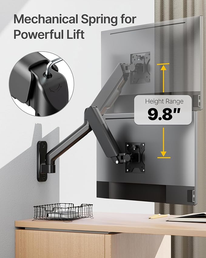 monTEK Single Monitor Wall Mount for 17 to 32 inch Flat/Curved Screens, Holds to 19.8 lbs, Full Motion Adjustable Mechanical Spring Monitor Arm, 75x75/100x100 VESA Wall Mount, Black