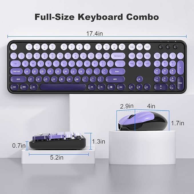 MOFII Wireless Keyboard and Mouse Combo, Full Size 2.4G Plug and Play Typewriter Retro Round Computer Keyboard and Mouse Set for Windows, Computer, Desktop, PC, Notebook - (Black Purple Gradient)