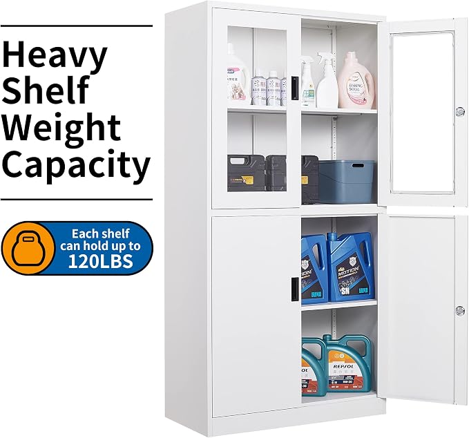 STANI Metal Storage Cabinet, Locking Steel Cabinet with Shelves, Tall Metal Utility 2 Doors, Lockable Steel Cabinets for Home Office (4 Doors, White)