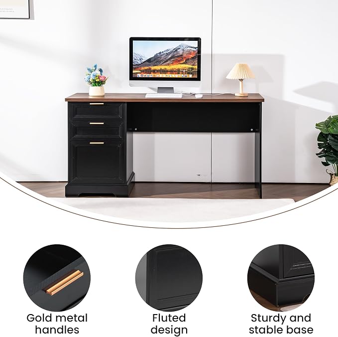 60" Farmhouse Executive Desk and 40" Mobile File Cabinet Combination,L Shaped Executive Desk with Charging Station,Home Office Desk for Office Work,Home Study