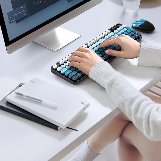 MOWUX Wireless Keyboard and Mouse Combo, Full Size Typewriter Retro Round Computer Keyboard, Cute Optical Mouse, 2.4G Plug and Play, Compatible with Laptop, PC, Desktop, Computer - Black Blue Gradient