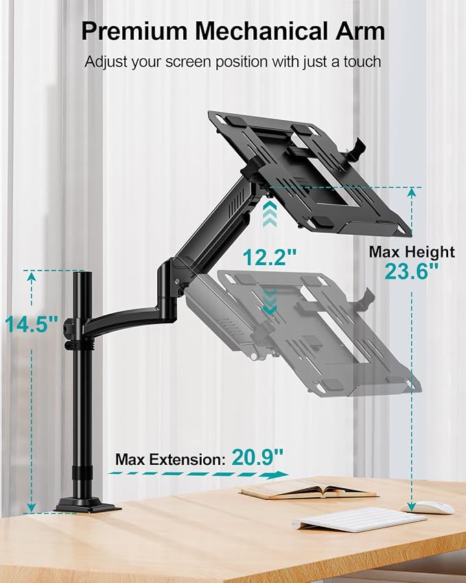MOUNT PRO Laptop Arm Desk Mount, Single Monitor Stand with VESA Laptop Tray, Adjustable Lap Top Holder for Max 22lbs 17" Notebook & 32" Computer Screen, Swivel Notebook Bracket, Clamp on/Grommet Base