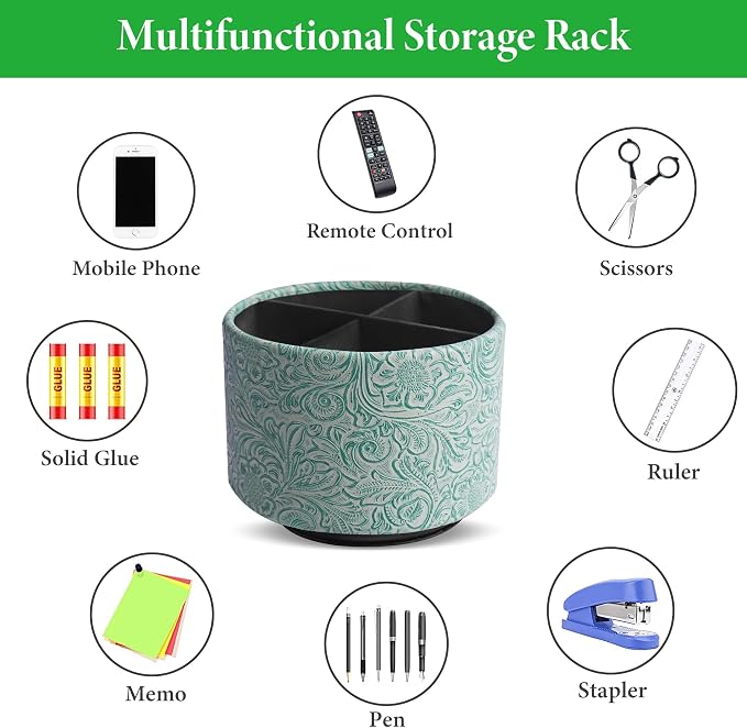 lizimandu Round Leather Art Supply Organizer,Remote Control Holder,360 Degree Spinning,Multi-Functional Pencil Holder,4 Compartments Desktop Stationary Organizer(1-Carved Stone Green)