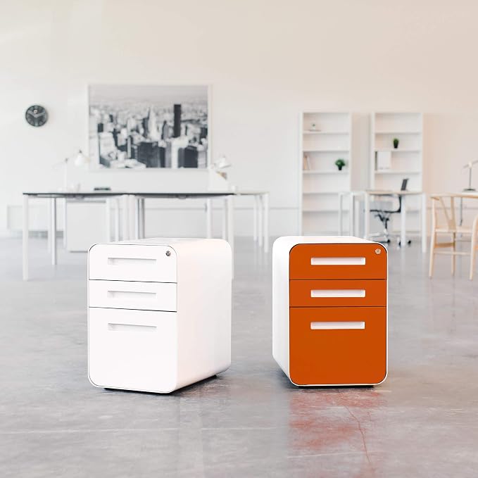 Laura Davidson Furniture Stockpile 3 Drawer File Cabinet with Lock - Under Office Desk Metal Filing Cabinet, Legal/Letter File Folders, Wheels and Stationary Feet, Pre-Assembled, Orange Faceplate
