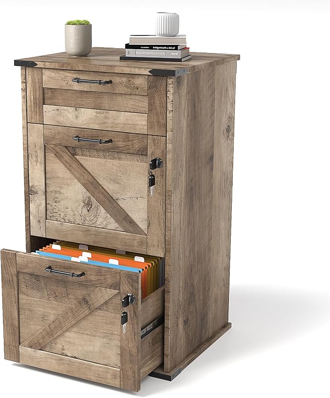 VINGLI 3 Drawer File Cabinet with Lock, Home Office Filing Organizer, for Letter Size File Folder Storage, Modern Farmhouse Style, Wood Vertical Filing Cabinet, Archivador (Rustic Gray)