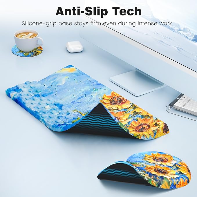 Ospelelf Ergonomic Mouse Pad and Keyboard Stand Wrist Rest Set, Memory Foam Comfort, Pain Relief for Typing, Office Desk Accessories, Sunflower
