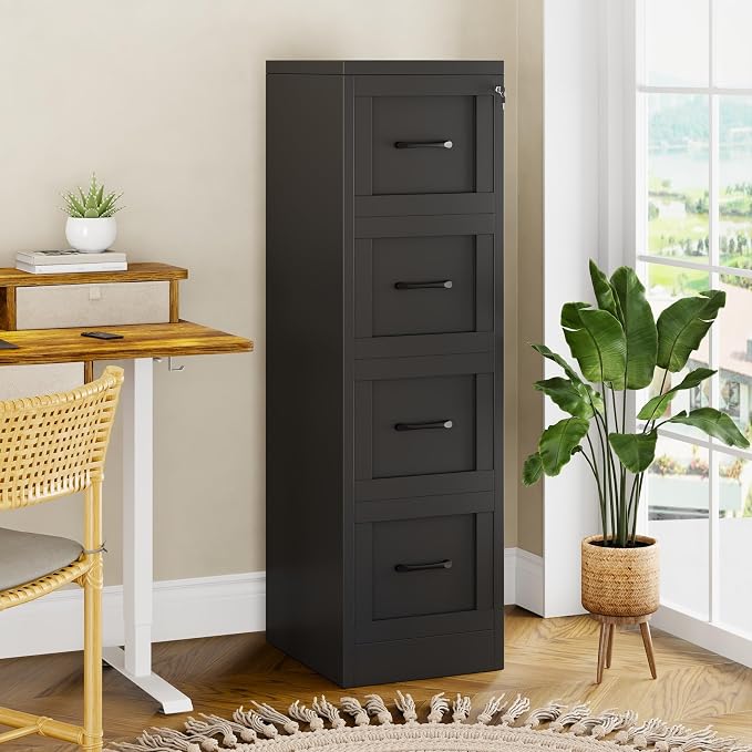 Small Metal 4-Drawer File Cabinet, Under-Desk Filing Cabinet, Black | Locking, Adjustable Hanging Rail, Fit A4, FC, Letter, Hanging File Folders for Home Office Storage Organization, 2PS