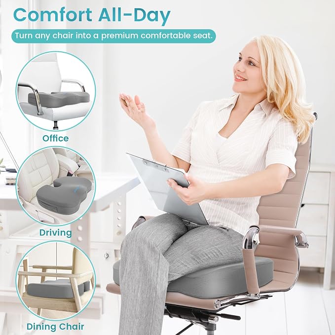 Office Chair Seat Cushion, Cooling Gel Enhanced Memory Foam Cushion for Long Sitting - Back, Sciatica, Coccyx, Tailbone Pain Relief Pillow - for Office, Gaming, Car, Wheelchair - Light Grey, Large