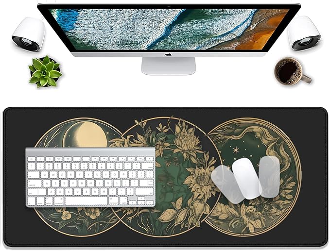 Celestial Moon Phases Art Nouveau Witch Aesthetic Green Dark Academia Mouse Pad,Non-Slip Waterproof Rubber Base Mouse Pad for Office,Computer,Keyboard,Laptop and Home Desk Pad(27.5X11.8 in)