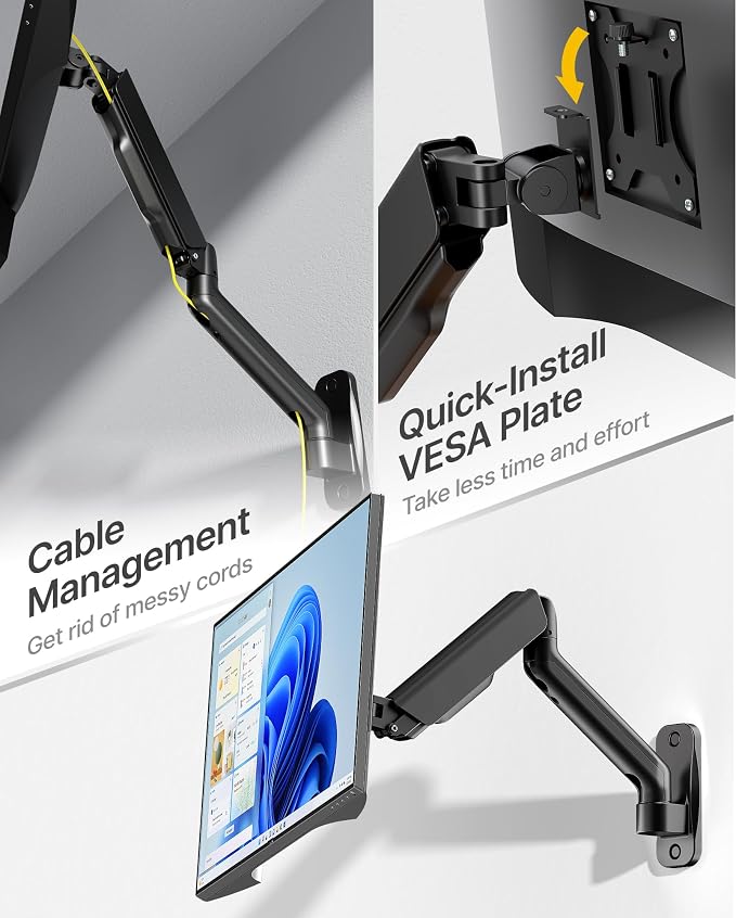 monTEK Single Monitor Wall Mount for 17 to 32 inch Flat/Curved Screens, Holds to 19.8 lbs, Full Motion Adjustable Mechanical Spring Monitor Arm, 75x75/100x100 VESA Wall Mount, Black