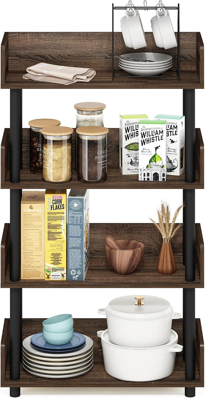 Furinno TURN-N-TUBE 4-Tier Display Shelf, Storage Shelves, Book Shelf, Open Shelves with Rounded Corner Top Edges, for Organization and Storage, Living Room, Home Office, Walnut
