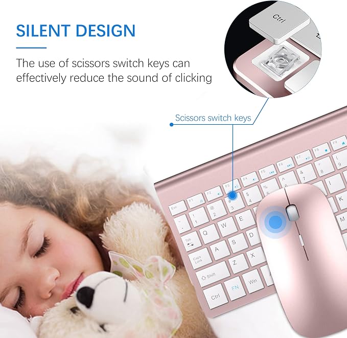 Wireless Keyboard and Mouse Ultra Slim Combo, TopMate 2.4G Silent Compact USB 2400DPI Mouse and Scissor Switch Keyboard Set with Cover, Batteries Included, for PC/Laptop/Windows/Mac - Rose Gold White