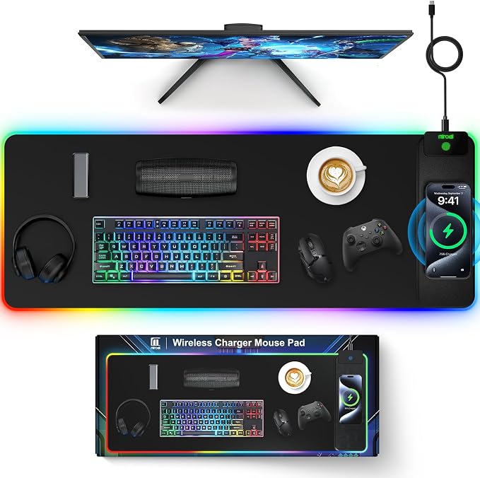 Magnetic Charging Mouse Pad, 31.5x11.81 Inch XL Gaming Mousepad, 11+5 RGB Lighting Modes, Home Office Large Desk Pad with Ultra-Smooth Surface, Non-Slip, Waterproof Keyboard Pad Classic Black Desk Mat