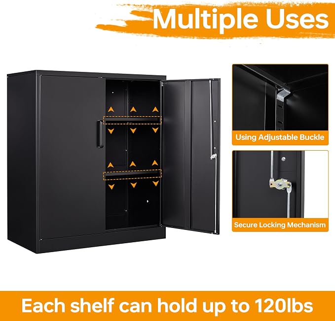 STANI Metal Storage Cabinet with 2 Adjustable Shelves, Steel Counter Cabinet with Lockable Doors for Home Office (Black)