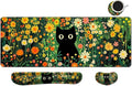 Desk Mat, Large Gaming Mouse Pad with Wrist Rest, 4 in1 XXL Mouse pad+Keyboard Wrist Rest+Mouse Pad Wrist Support+Cup Coaster Set, Ergonomic Desk Pad for Home Office,Floral Cat