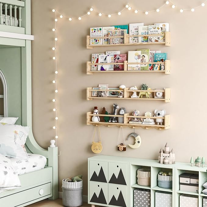34Inch Nursery Bookshelves,Set of 4,Wall Floating Shelf Kids Coat Rack with 6Hooks,Hanging Book Shelf for Baby Nursery Room Décor， Patent Number: 29958098(Burlywood, 34)
