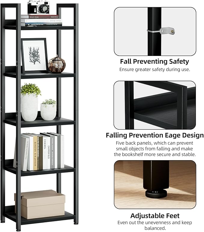 NUMENN Narrow Bookshelf, 5 Tier Bookshelves, Home Office Bookcase Shelf Storage Organizer, Free Standing Storage Shelving Unit for Bedroom, Living Room and Home Office, Black
