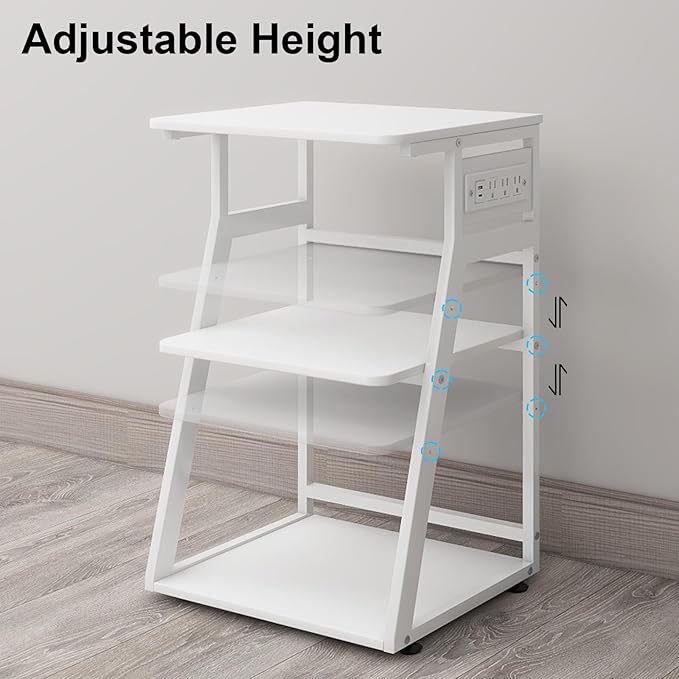 Natwind 19.7"x15.7" Printer Stand,3 Tier Printer Table with Charging Station, Rolling Cart with Adjustable Storage Shelf for Home Office Organization, Stand for Heat Press,3D Printer (White)