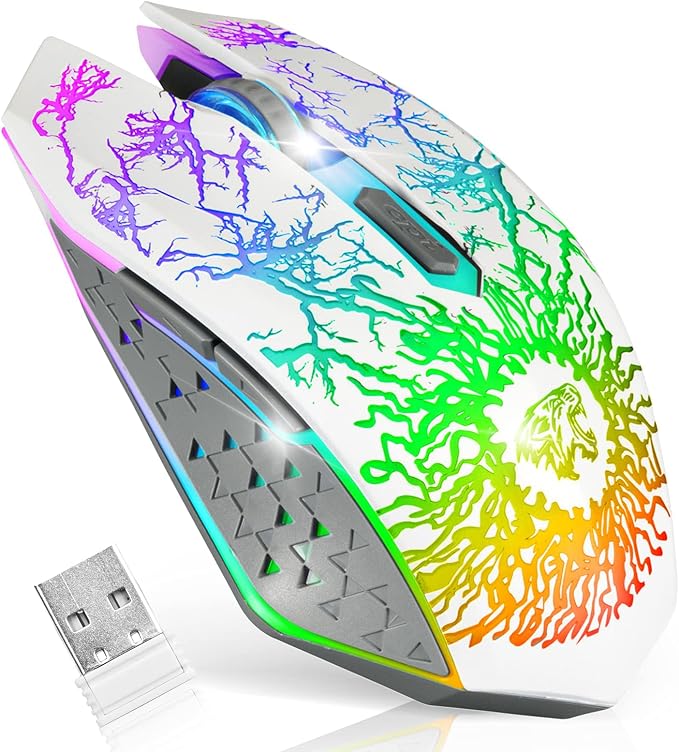 VEGCOO Wireless Gaming Mouse, Rechargeable Gaming Mouse, Silent Optical Mice with 2.4G USB Receiver, 3 Level DPI, 6 Buttons, 7 Colors LED Lights for PC/Mac Gamer, Laptop and Desktop