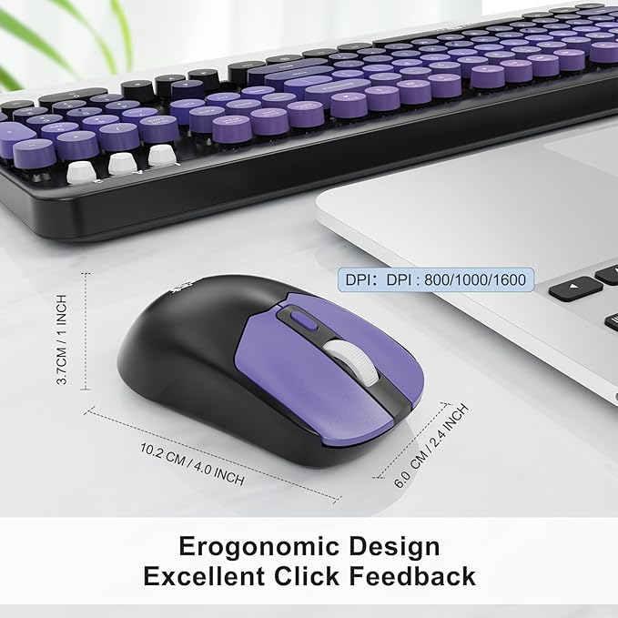 FOPETT Wireless Keyboard and Mouse Combo - 2.4G Full-Sized Cute Colorful Mouse and Keyboard with 104 Round Keys Retro Typewriter Keyboard for Laptop/Windows/PC - Purple Gradient