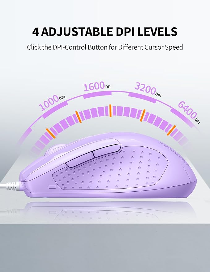 TECKNET Wired Mouse, 6-Button Corded with 4 Adjustable DPI, Optical Ergonomic Design, 5FT Cord for Laptop, Chromebook, PC, Desktop, Mac, Notebook - LT.Purple