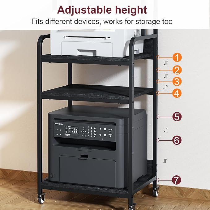 4 Tier Printer Stand with Wheels, Extra Large Tall Printer Table for Home Office, Printer and Shredder Stand with Storage Shelf (Black)