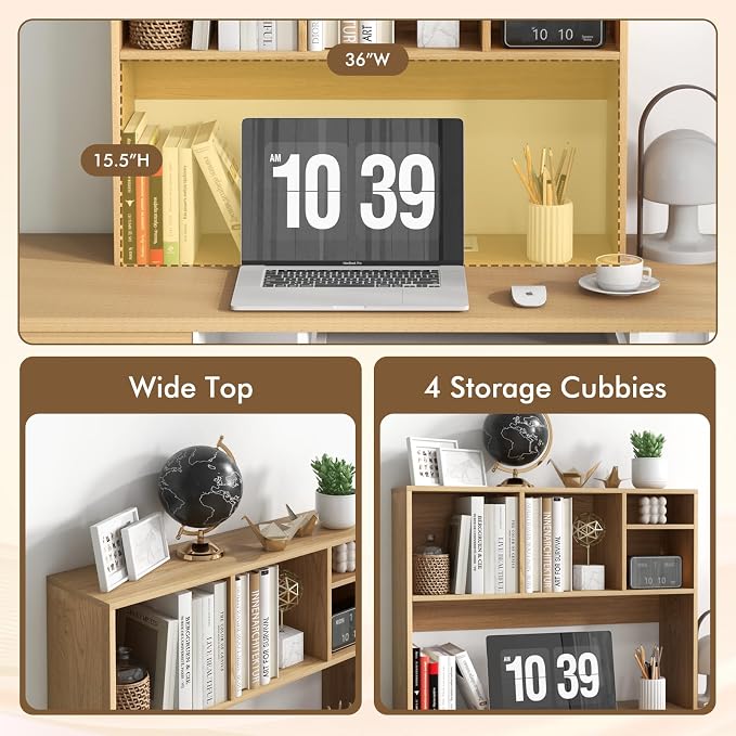 LDAILY Desktop Bookshelf, 2-Tier Office Desk Shelf Organizer Desk Hutch with 4 Shelves, 37’’L Wood Storage Rack Display Shelf for Computer Desk, Office, College Dorm, Bedroom (Natural)