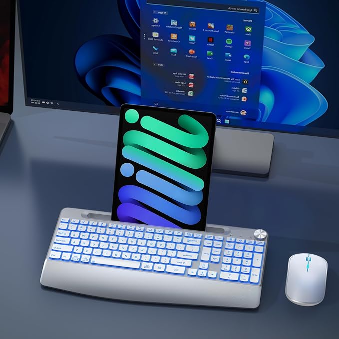 JOYACCESS Ergonomic Wireless Keyboard with Phone Holder,Rechargeable Backlt Wireless Keyboard Mouse Combo with Light Up Keys for for Laptop, PC, Mac, Windows-Silver White