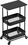 Simple Houseware 2-Tier Rolling Utility Cart with Lockable Wheels and Wood Top, Metal Storage Organizer Trolley for Kitchen, Bathroom, Office, Craft Room, Black