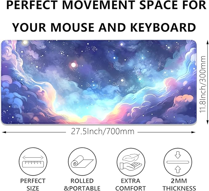 Stars Sky Dark Blue Cosmos Mouse Pad Desk Mat,Large Extended Gaming Mouse Pad with Stitched Edges,Non-Slip Waterproof Rubber Base for Office,Computer,Keyboard,Laptop and Home Desk Pad(27.5X11.8 in)
