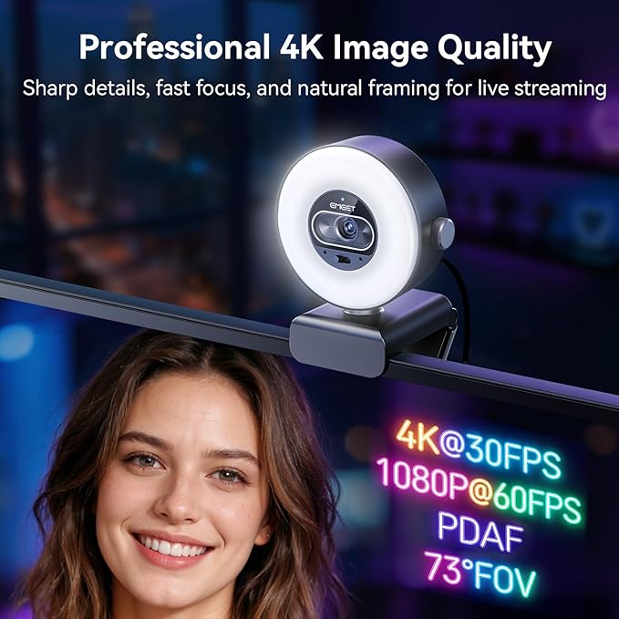 EMEET S600L 4K Webcam for Streaming with Ring Light, 4 Lighting Modes, Rainbow Effect, 1/2" Sensor, AI Imaging, 0.2S PDAF, 2 Mics, Dial Control, 4K Webcam with Light for OBS/Twitch/YouTube/Zoom/PC/Mac