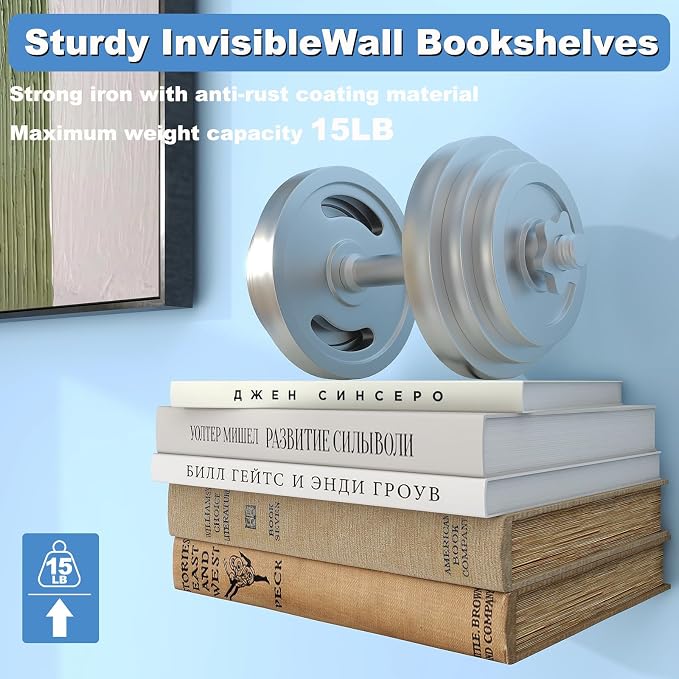Fentec Invisible Floating Bookshelf, Wall Mounted Floating Bookshelves Heavy-Duty Book Organizers Hidden Book Shelf Metal Shelves Holder for Books Storage Bedroom Living Room Home Office, 4-Pack White