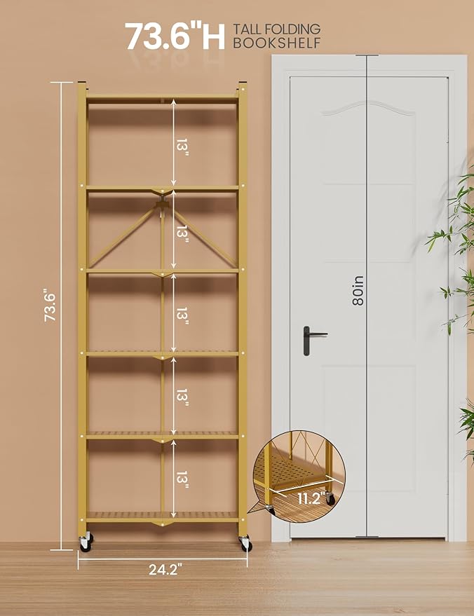 ALANNG 73.6 Inch Folding Bookshelf, 6 Tier Metal Bookcase and Bookshelves, Tall Shelves for Living Room Office Bedroom, Heavy Duty Book Shelve Free Standing Open (Gold, 3PACK)