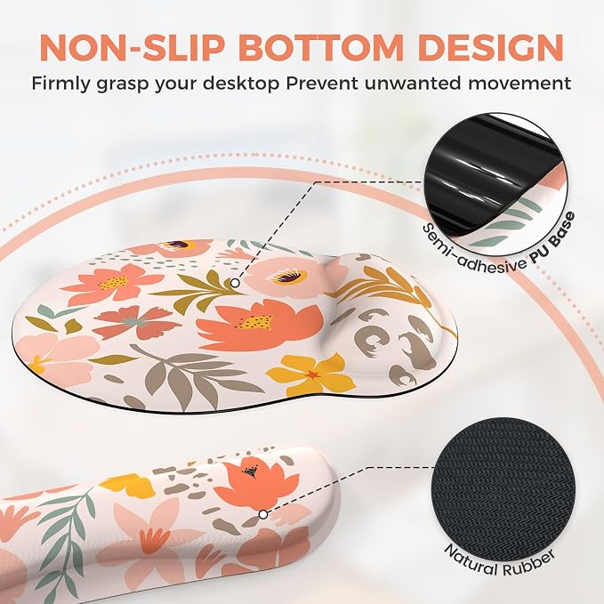 iCasso Desk Cover Mat, 4in1 Floral Large Mouse Pad with Wrist Rest, Desk Matt for Desktop, Anti-Slip XXL Big Computer Ergonomic Mousepad with Wrist Support for Keyboard and Mouse (Colorful)