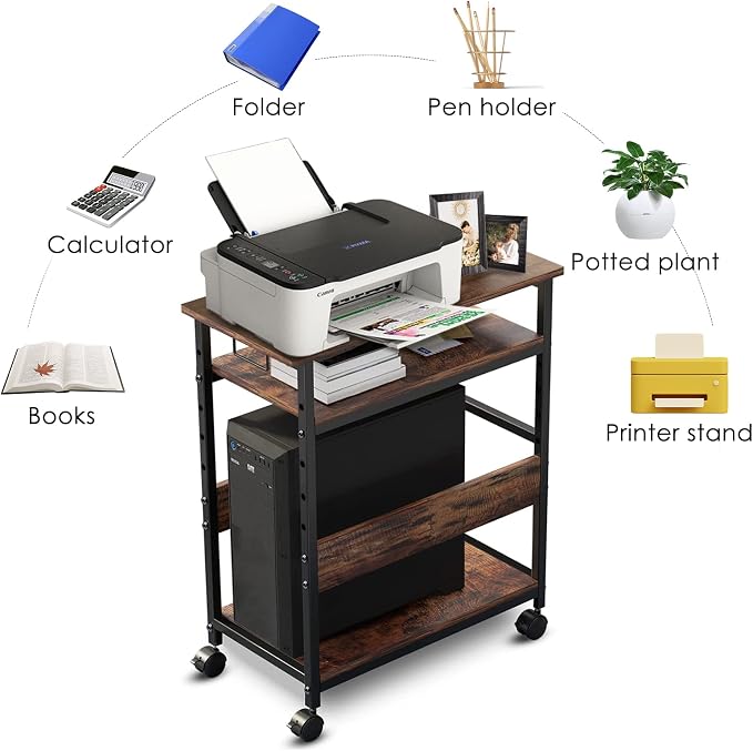 TooCust Computer Tower Stand, Computer & Machine Carts, Computers Towers Floor Stand, PC Towers Shelf, 3-Tier PC Tower Floor Stand with Side Shelf, Mobile Rolling CPU Holder Cart for Home Office