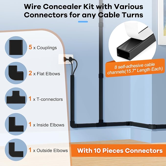 126in Cord Hider Kit, Wire Hiders for TV on Wall, Paintable Cable Management Kit, Wire Cover for Wall Mount TV, Hide Wires Along Wall, Black Cord Cover Wall Wire Management, 8xL15.7in W0.95in H0.55in