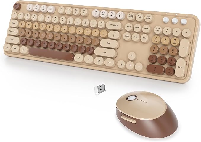 Wireless Keyboard and Mouse Set, Retro Typewriter Keyboard, 2.4GHz Full Size 104-Key Cute Keyboard with Number Pad, Colorful Keyboard with Round Keycaps for Windows PC Laptop(Coffee)