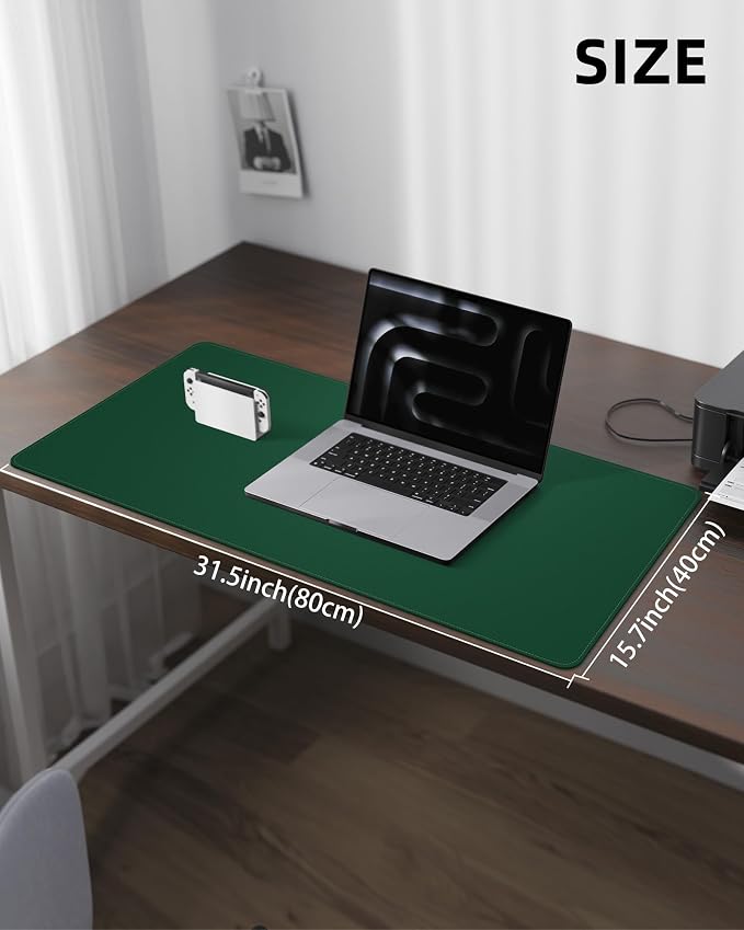 Leather Desk Pad Protector, Mouse Pad, Office Desk Mat, Non-Slip PU Leather Desk Blotter, Laptop Desk Pad, Waterproof Desk Writing Pad for Office and Home (Green, 31.5" x 15.7")