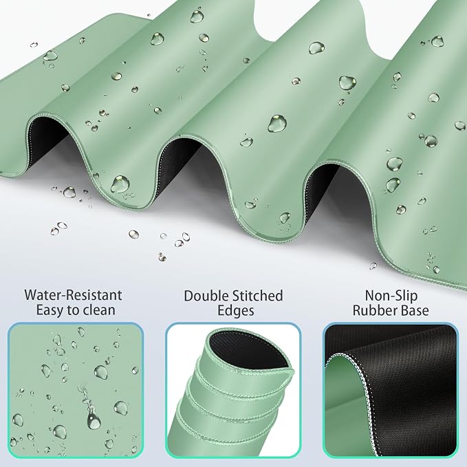 Desk Mat Green, Large Gaming Mouse Pad with Wrist Rest, 4in1 XXL Mousepad+Keyboard Wrist Rest+Mouse Pad Wrist Support+Cup Coaster Set Ergonomic Computer Desk Arm Wrist for Decor Home Office Women