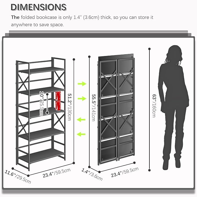 4NM 5 Tiers No Assembly Book Shelves, 51.2" H Folding Bookshelf Bookcase Open Industrial Foldable Shelves for Bedroom, Living Room, Home Office - All Black