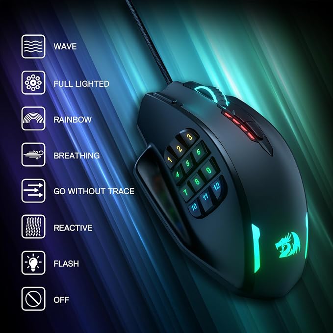 Redragon M908 Impact RGB LED MMO Gaming Mouse with 12 Side Buttons, Optical Wired Ergonomic Mouse with Max 12,400DPI, High Precision, 18 Programmable Macro Shortcuts, Comfort Grip
