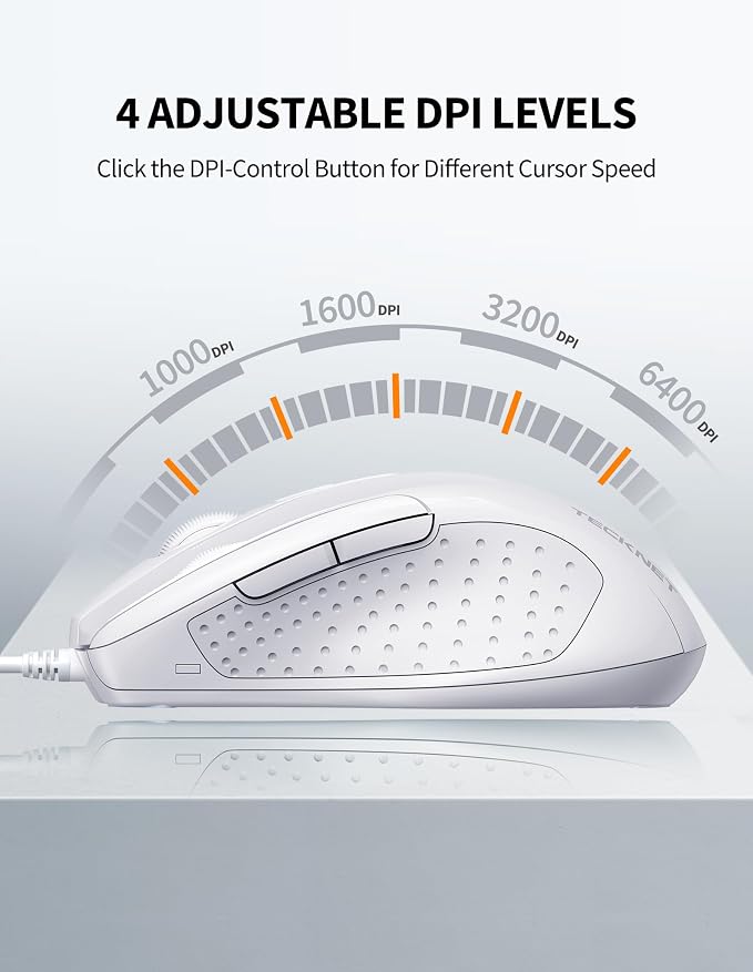 TECKNET USB Wired Mouse, 6-Button Corded Mouse with 4 Adjustable DPI, Optical Computer Mouse with Ergonomic Design and 5FT Cord for Laptop, Chromebook, PC, Desktop, Mac, Notebook-LT.White