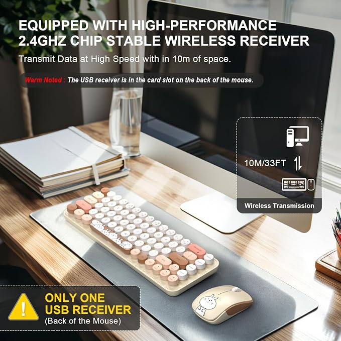 FOPETT Wireless Keyboard and Mouse Cute Mouse and Keyboard 2.4G Wireless Keyboards with Colorful 68 Keys Typewriter Retro Round Keycap for PC, Laptop,Tablet,Computer Windows - Milk Tea Colorful