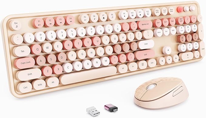 Wireless Keyboard and Mouse, Full-Size Typewriter Keyboard with Retro Round Keycaps, Ergonomic Design, Compatible with Windows PCs, Ideal for Home and Office. (Milk Tea)