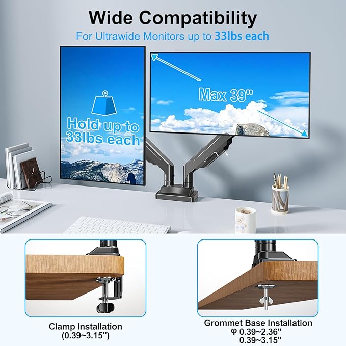 Dual Monitor Mount for Screens up to 43", Heavy Duty Ultrawide Dual Monitor Arm Holds 2.2-33lbs Each, Premium Gas Spring Adjustable Computer Monitor Stand for 2 Monitors, VESA Desk Mount