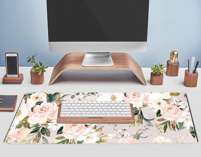 Pink Flowers Keyboard Pad PC Gaming Desk Mat Desk Mouse Pads Green Leaves Floral Mouse Pad Large, Computer XL Big Mousepad Deskpad Mat with Stitched Edge for Women Home Office Decor 31.5x11.8 in