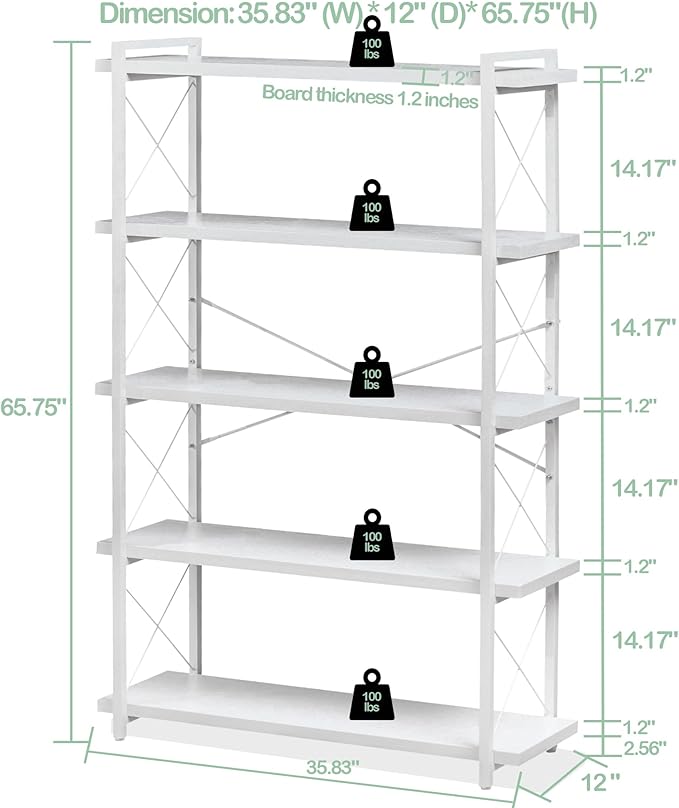 HCHQHS Bookshelf, 5-Tier Industrial Bookcase, White Open Book Shelf, Freestanding Tall Bookshelves with Metal Frame