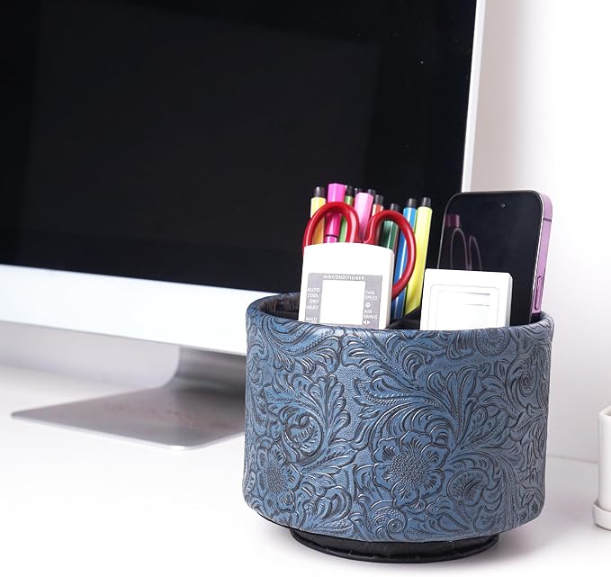 lizimandu Round Leather Art Supply Organizer,Remote Control Holder,360 Degree Spinning,Multi-Functional Pencil Holder,4 Compartments Desktop Stationary Organizer(1-Carved Dark Blue)