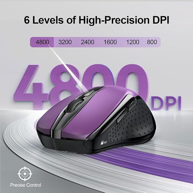TECKNET Wireless Mouse (2.4G & BT5.0/3.0) Silent 4800 DPI Computer USB A & Bluetooth Mouse 6 Buttons, Wide Compatibility - Purple